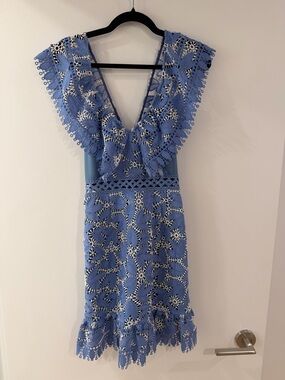 Aijek Blue Lace V-Neck Mini/Midi Dress with Scalloped Hem